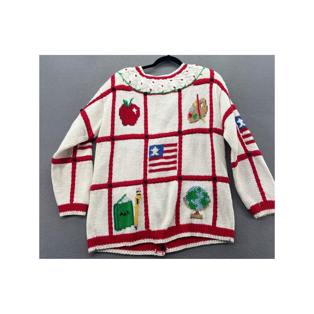 Vintage The Eagle's Eye Hand Knit Teacher School Cardigan Sweater Cream Red 1993 - Picture 15 of 16
